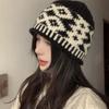 Women Retro Knitted Hat Winter Warm Rhombus Pattern Hat Big Head Sized No Brim Hat for Daily Outings Parties Dating