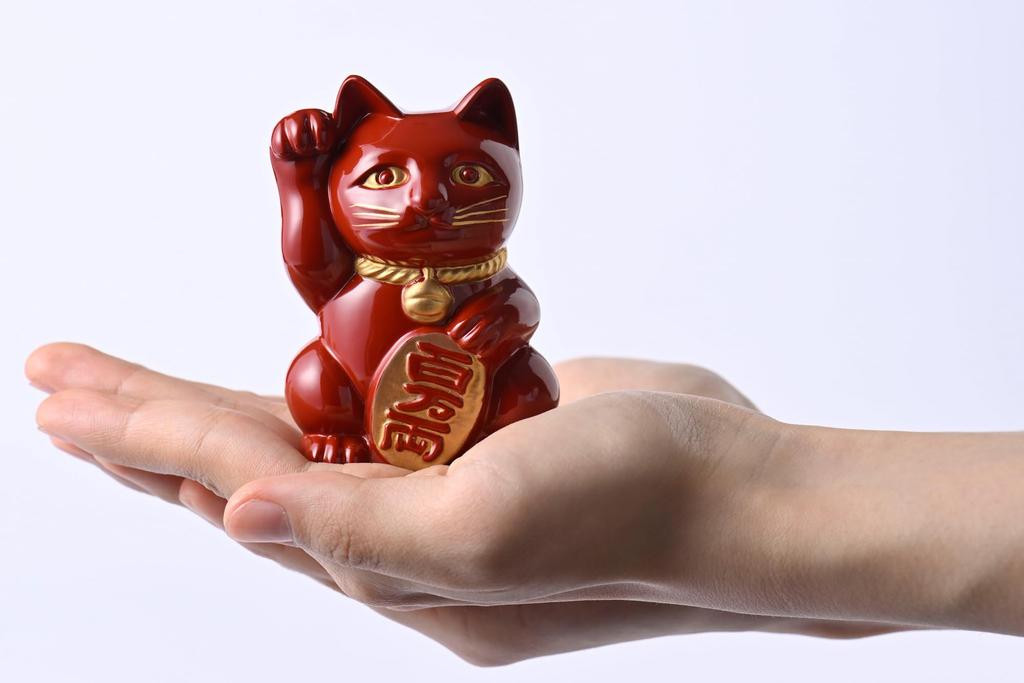 Gingado Maneki Neko (Lucky Cat) - Red Lacquer, Right Paw Raised, Metal, Lucky Cat, Good Luck, Feng Shui Figurine, Takaoka Copperware (Maneki Neko RE)