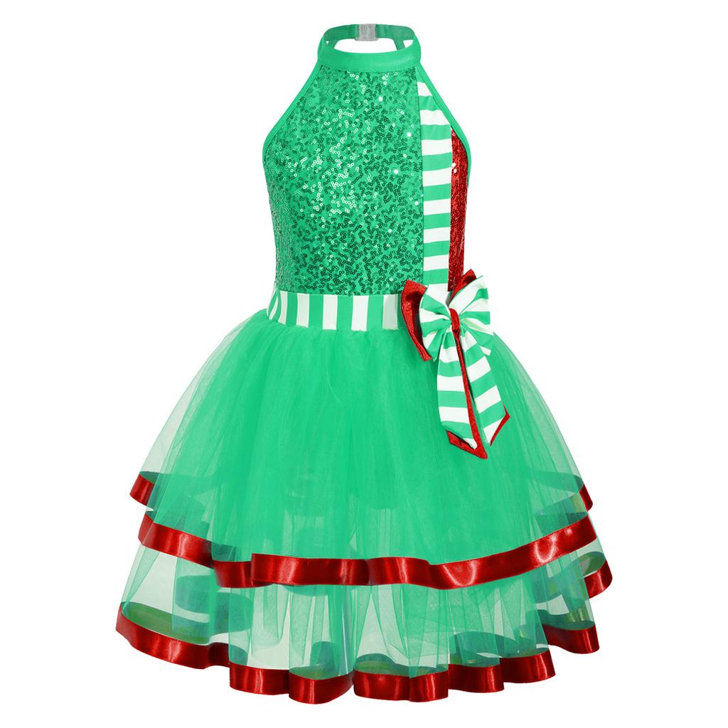 Kids Girls Christmas Elf Costume Sequins Ballet Tutu Leotard Dance Dress Figure Ice Skating Performance Outfit