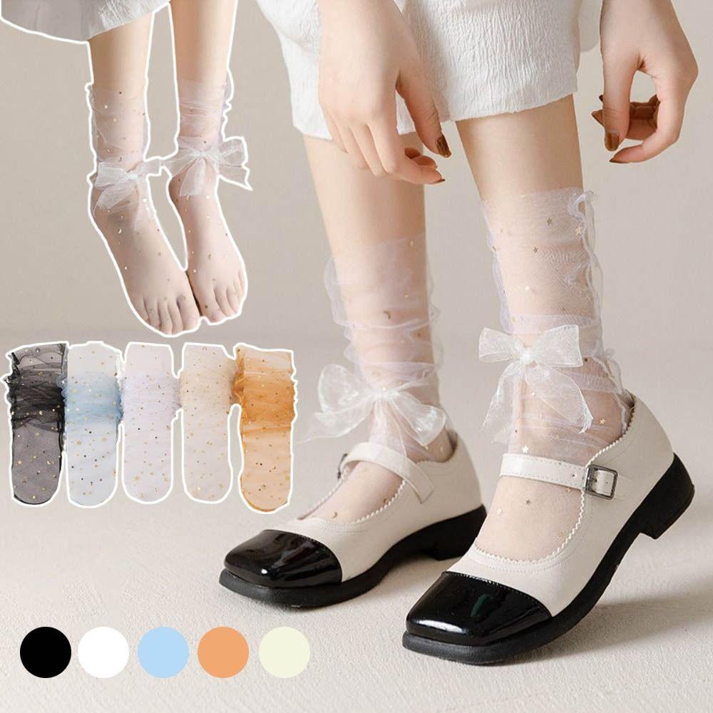 5Pairs Star Moon Tulle Shiny Socks Mid-calf Mesh Tube Socks Women Cute Transparent Bow Socks Girl