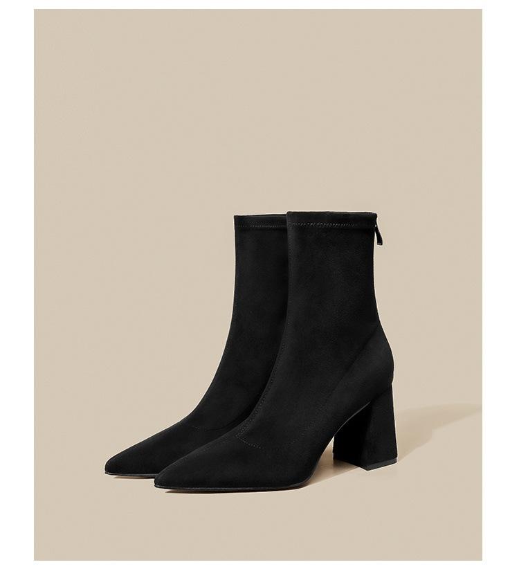 Large Size 2025 New Nude Boots Pointed High Heel Short Boots Women's Autumn and Winter Socks Boots Thick Heel Thin Boots