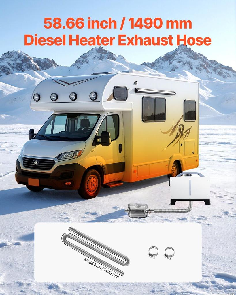 Exhaust Hose, 1490mm Stainless Steel Exhausts Hose, Diesel Heater Flexible Exhaust Pipe with 2 Hose Clamps, Exhausts Hoses Kit Diesel Heater
