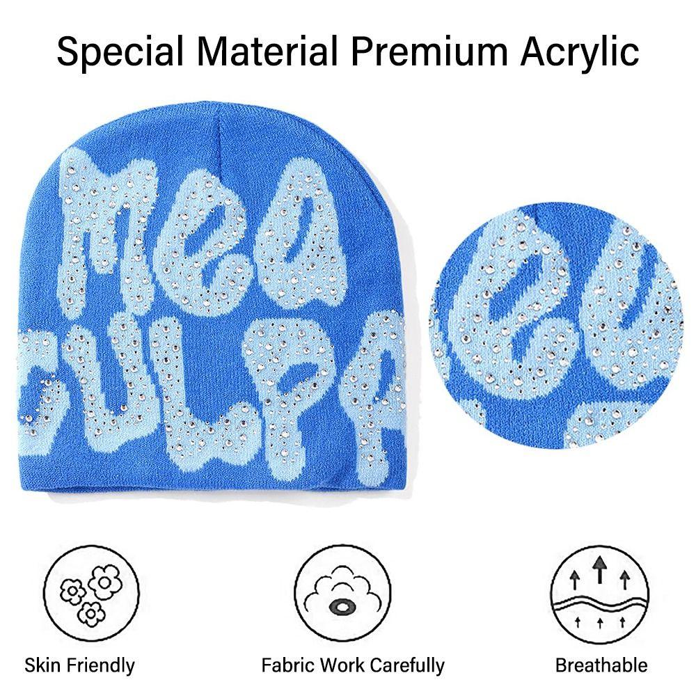 Trendy Stretch MEA Culpa Beanies Hat with Rhinestone Warm Soft y2k Beanies Hats Knitted Hip-hop Hat for Women Men