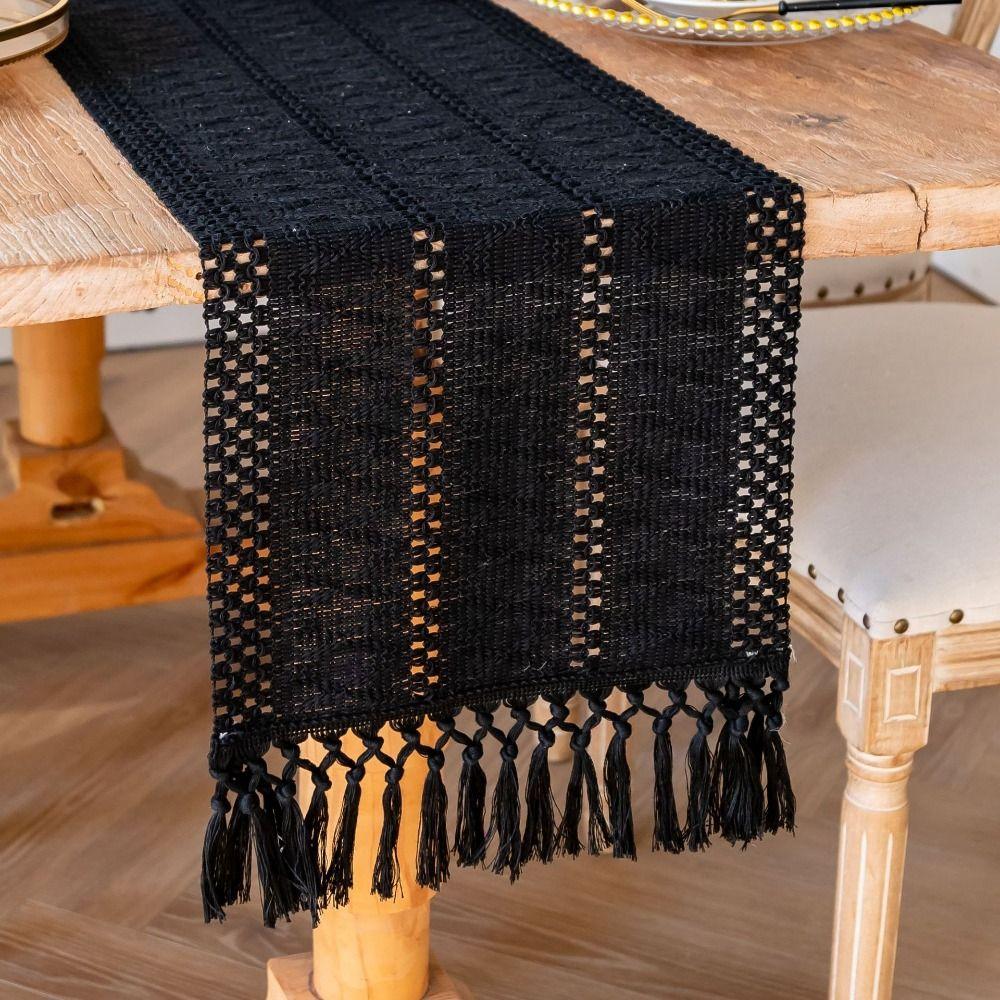 American Style Cotton and Linen Table Runner Rustic Solid Color Boho Table Runner Rectangular with Tassel