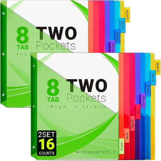 8-Tab Dividers for 3-Ring Binders, 16 Counts 3 Holes Index Dividers with 2 Pockets, ertable 8 Tabs Binder Divider for 1/2''/1''/2''/3'' inch Binders,