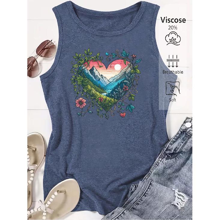 Elegant Vest for Women Heart-shaped mountain view print casual loose summer vest Fashionable and elegant tops for commuting, vacation, and everyday