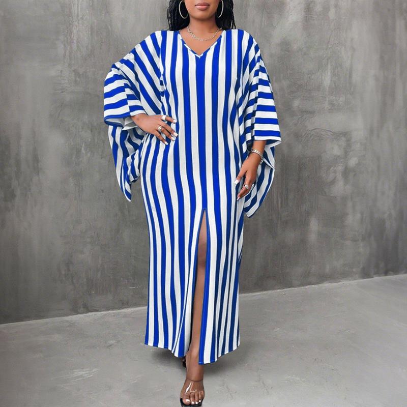 Oversized Women V Neck Batwing Sleeve Striped Print Casual Baggy Maxi Dress
