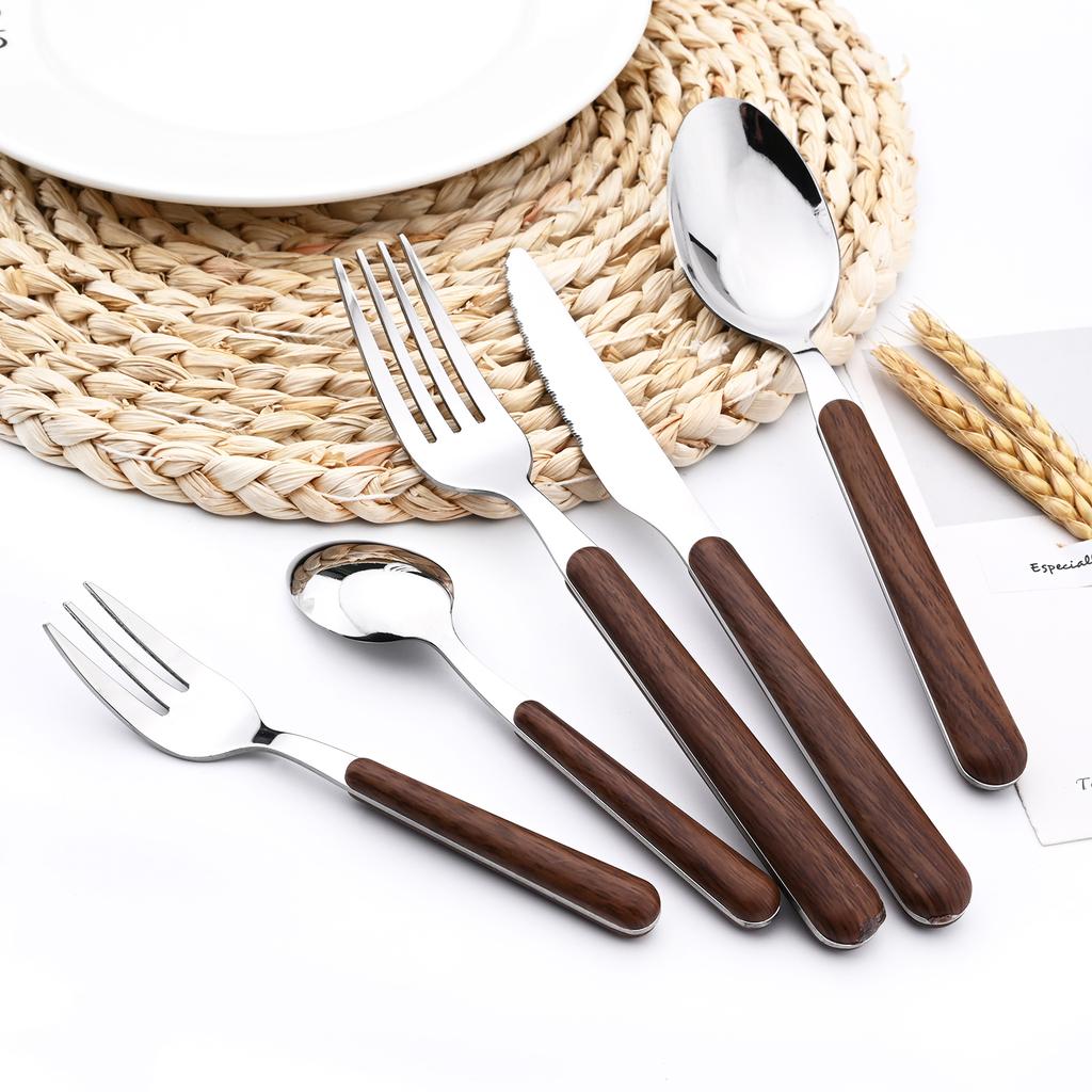 Деревянная ручка с нержавеющей сталью столовый набор серебряные золотые столовые приборы столовая чайная ложка вилка для торта толстая ручка для ежедневного использования