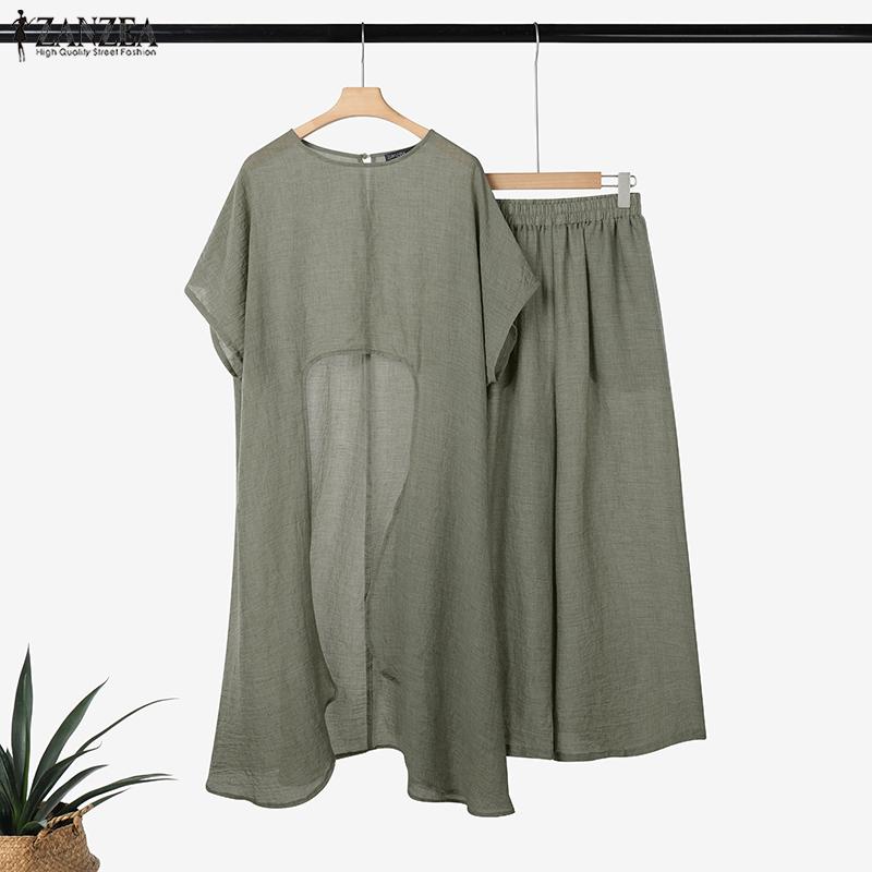 ZANZEA Женская блузка с коротким рукавом и неровным подолом и брюки летние костюмы-двойки