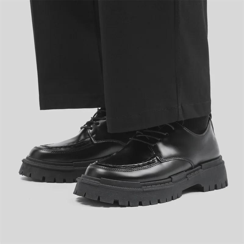 Мужские повседневные черные кожаные туфли - осенний британский стиль, толстая подошва, утонченный дизайн, модная обувь для колледжа