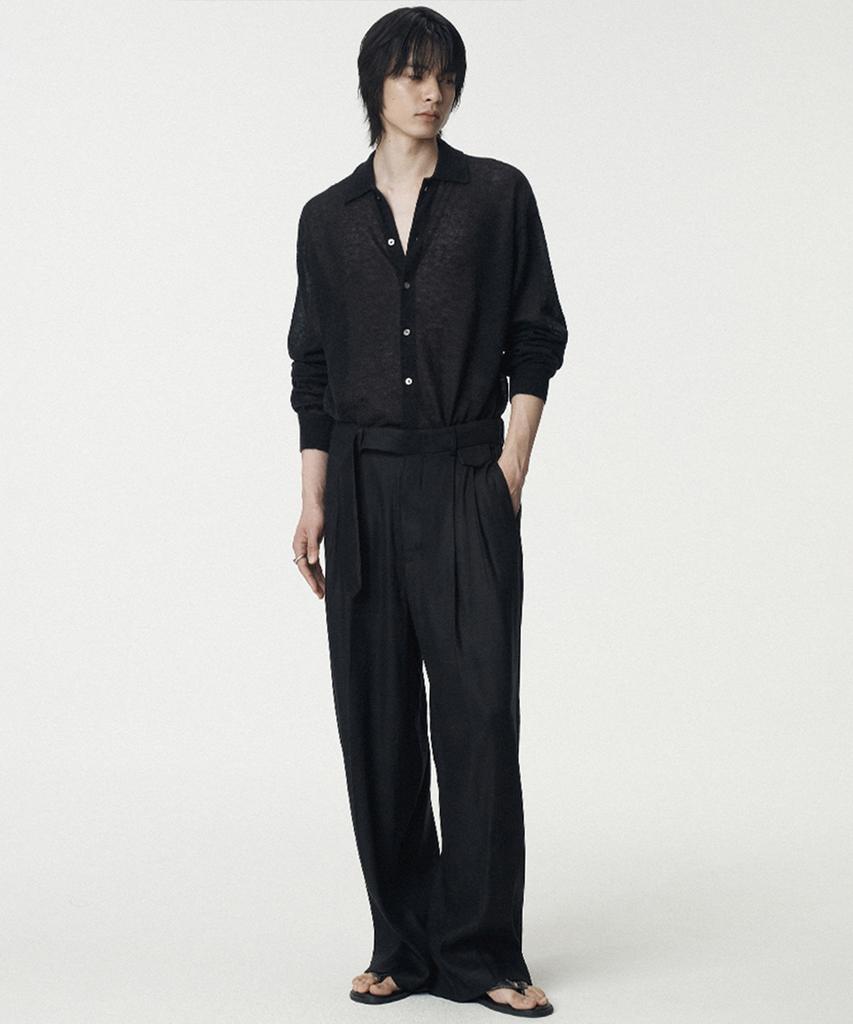 UMARMUNG Elastic Linen Belted Pants_Black