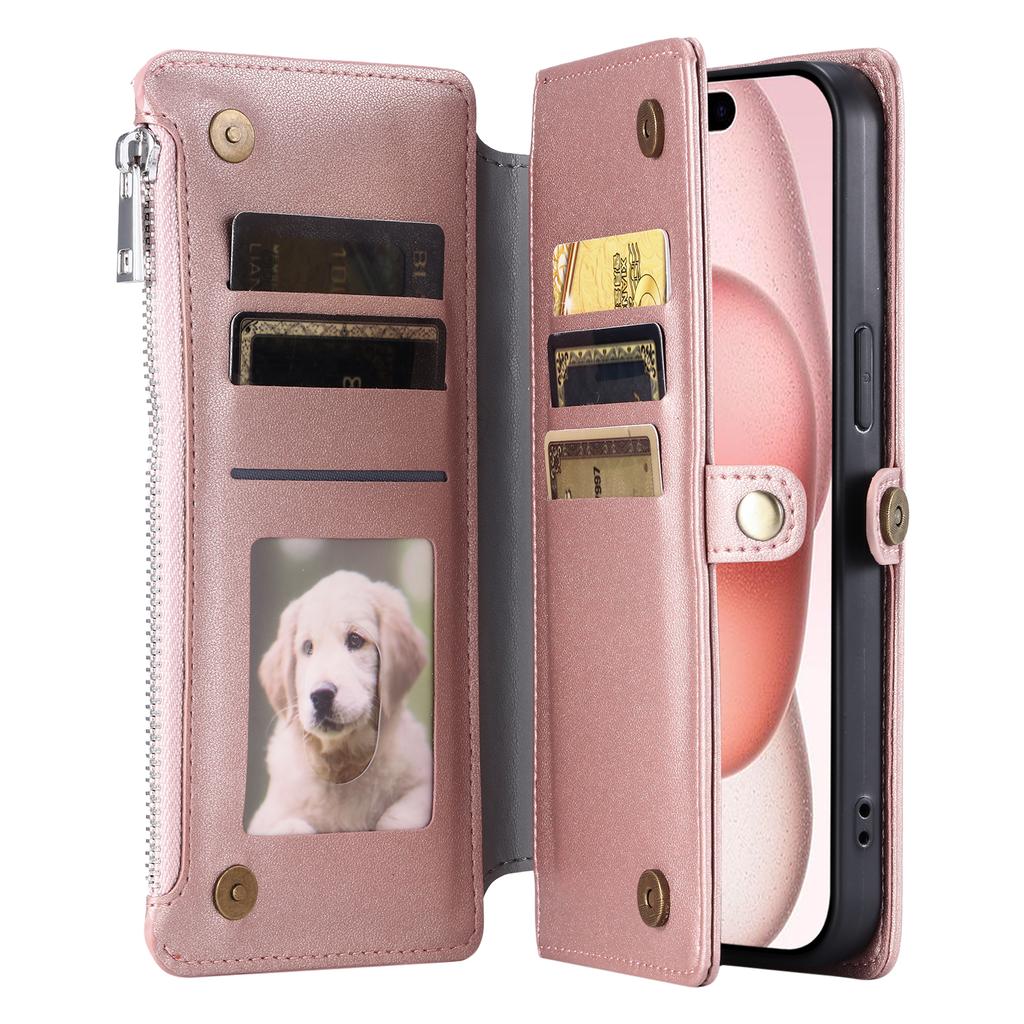015 Style For iPhone 15 Pro Stand Case Leather Zipper Pocket Phone Cover with Strap
