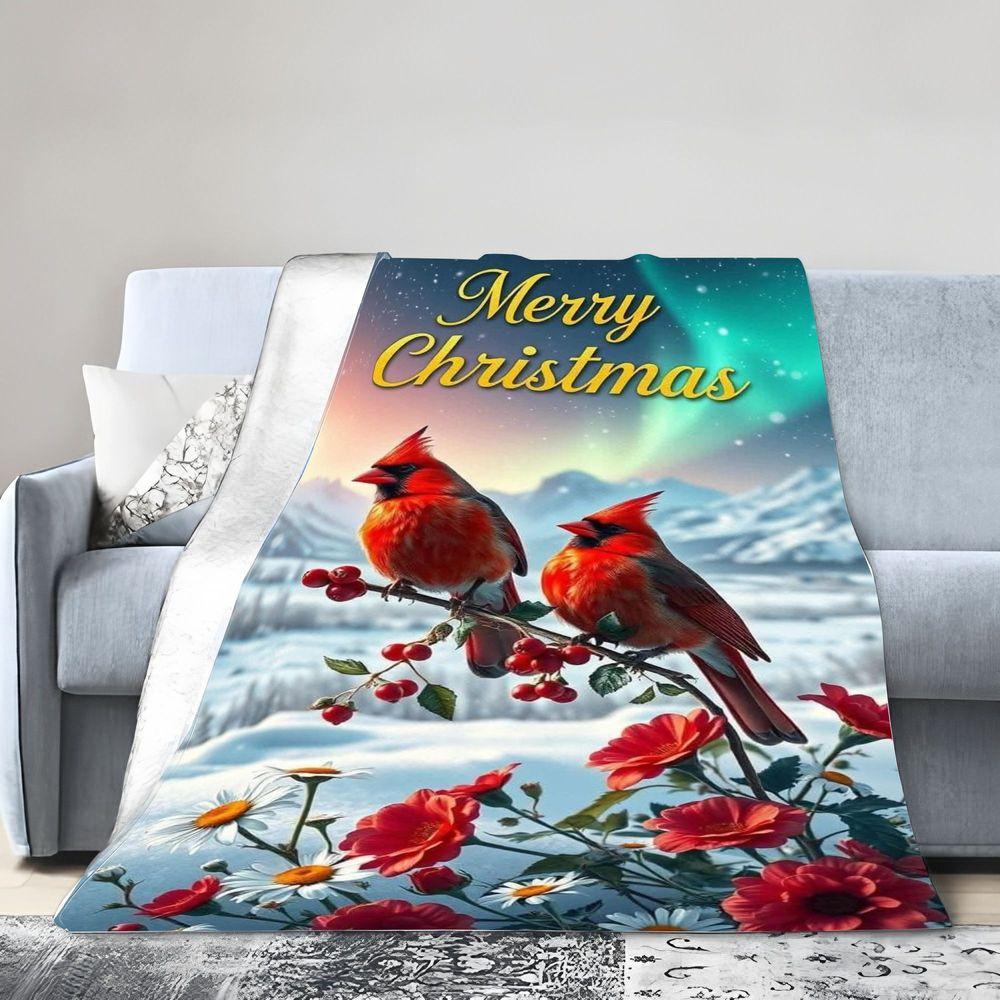 Счастливого Рождества Праздничный Уютный Плед - Мягкий Плюшевый Флисовый Плед с Яркими Красными Кардиналами и Снежным Зимним Пейзажем, Идеальный