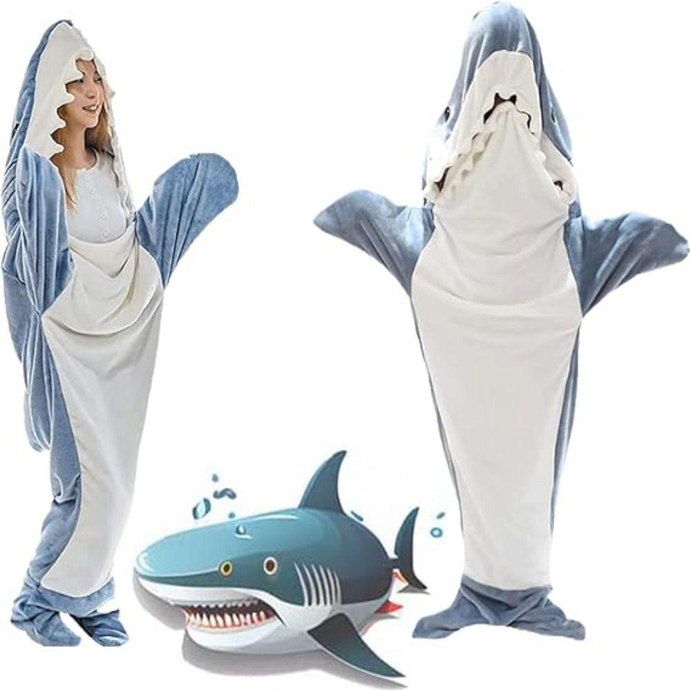 Уютный спальный мешок «Акула» Фланелевая пижама с рисунком из мультфильма Одеяло-одеяло с капюшоном «Акула» Сохраняет тепло