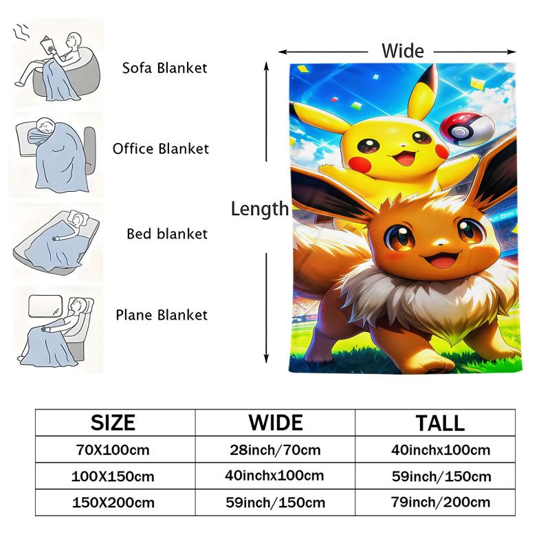 Pokemon Pikachu & Eevee Flannel Blanket Hot Anime Soft Warm Throw Sofa Bed Couch Cover Nap Cape Shawl Camping Fans Kids Gift