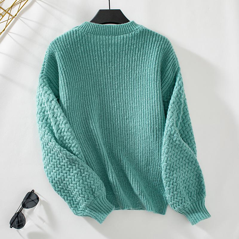 Осень-зима Винтажный свободный топ с длинными рукавами Однотонный пуловер Трикотажный свитер с круглым вырезом