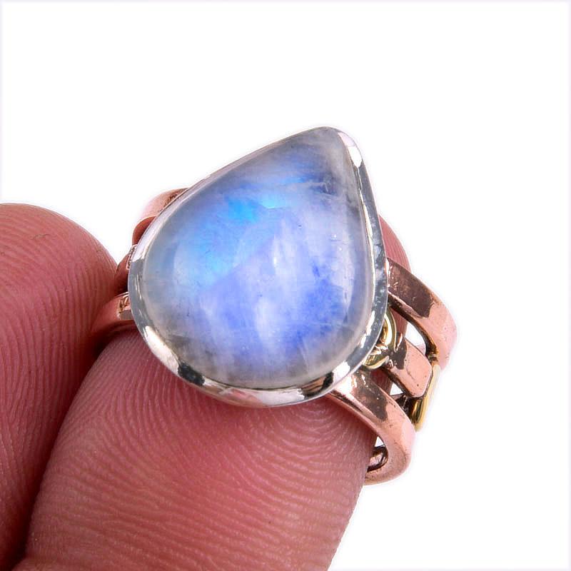 Кольцо из серебра 925 пробы с натуральным радужным лунным камнем, двухцветное, размер 6 E6N61