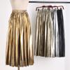 Women Elegant Causal Elastic Shiny Metal Color Long Pleated Skirt Autumn Fashion High Waist A-Line Skirts