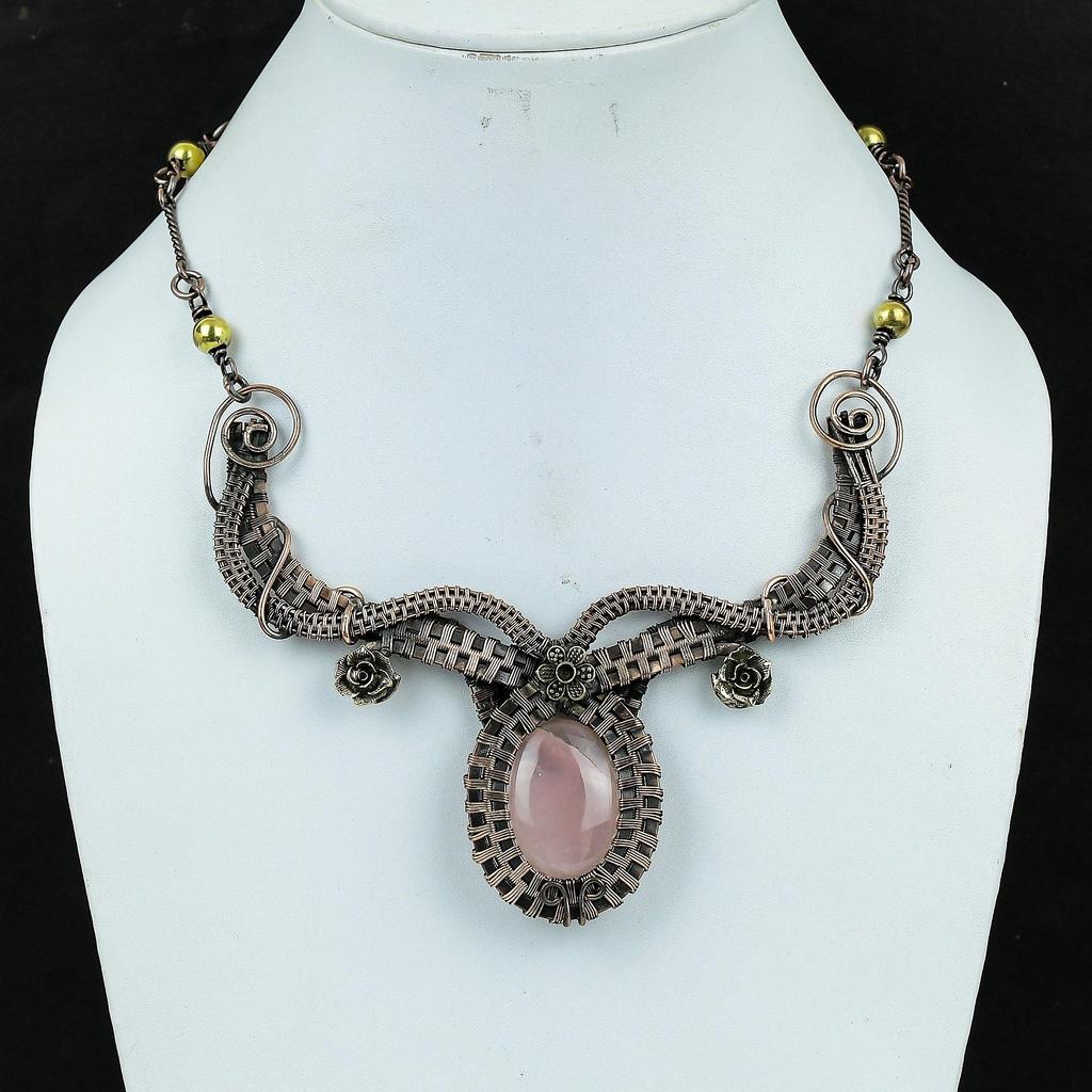 Rose Quartz Handmade Latest Design Jewelry Necklace, 999 Copper Wire Wrapped Gemstone Necklace, Gift For Mother