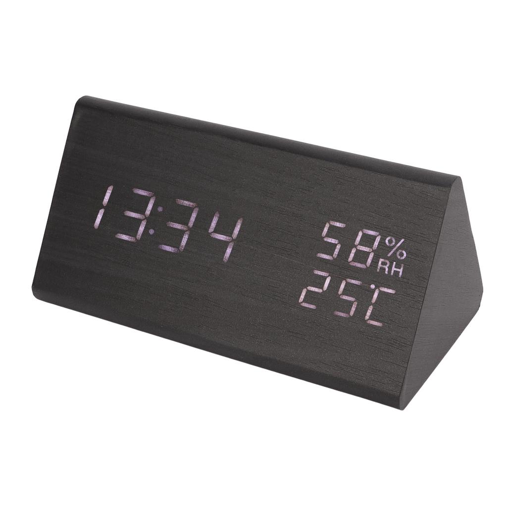 Digital Alarm Clock Regulable Brightness Temperature Humidity Display Black Wood White Light LED Des