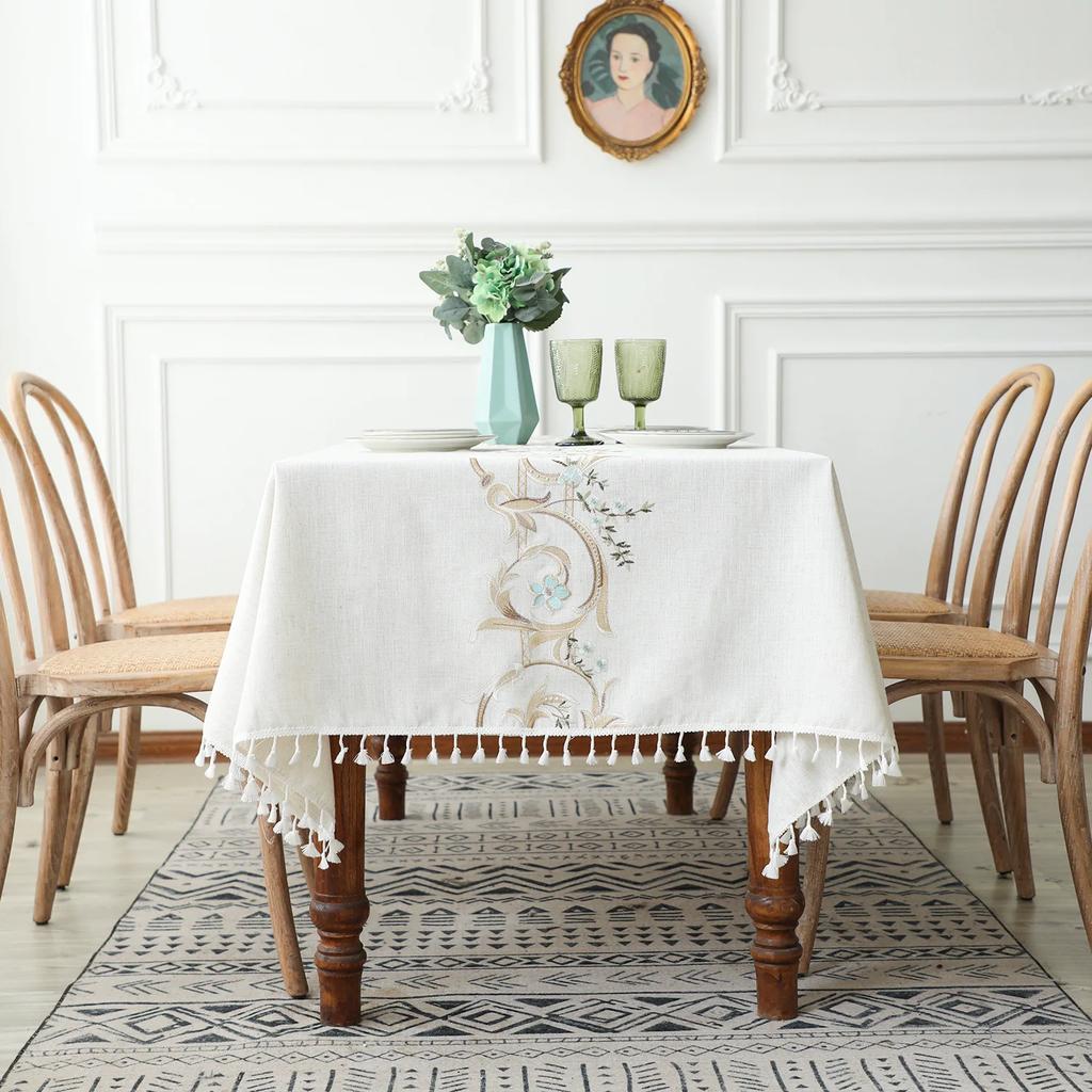 Прямоугольная скатерть из хлопка и льна, мягкая водонепроницаемая скатерть с вышитым цветочным узором для обеденного чайного стола, украшение для стола, защита от пыли