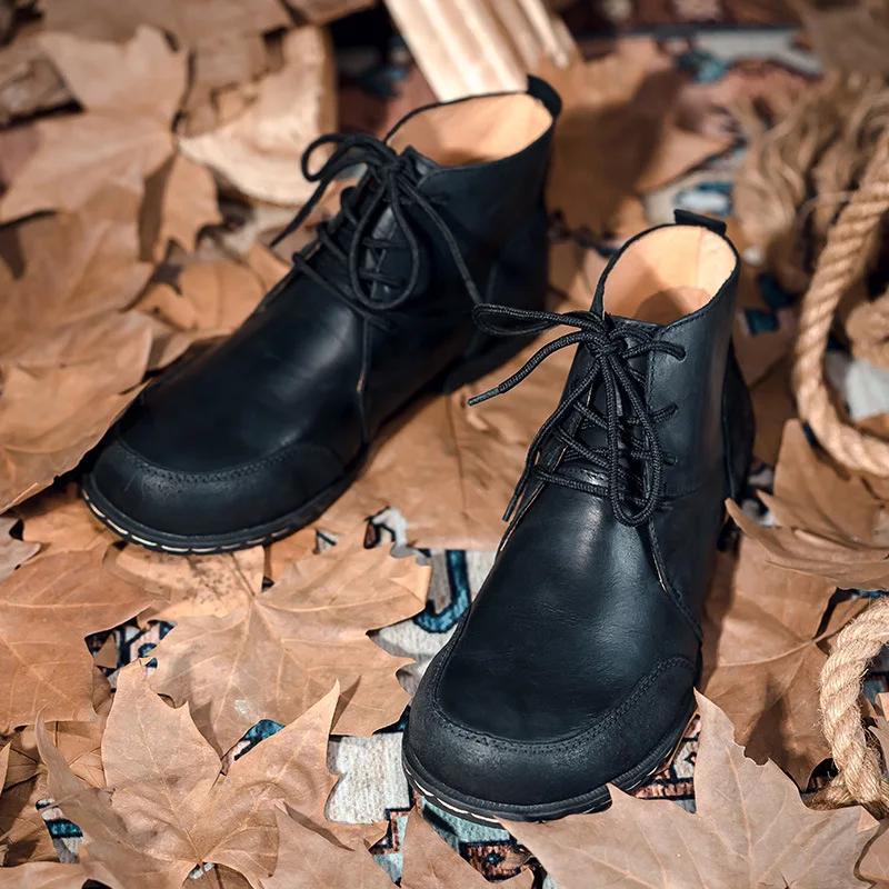 39-48 Осень Зима Новые мужские высокие черные кожаные ботинки Модные уличные ботинки на платформе со шнуровкой по щиколотку для мотоциклистов Bota Masculina