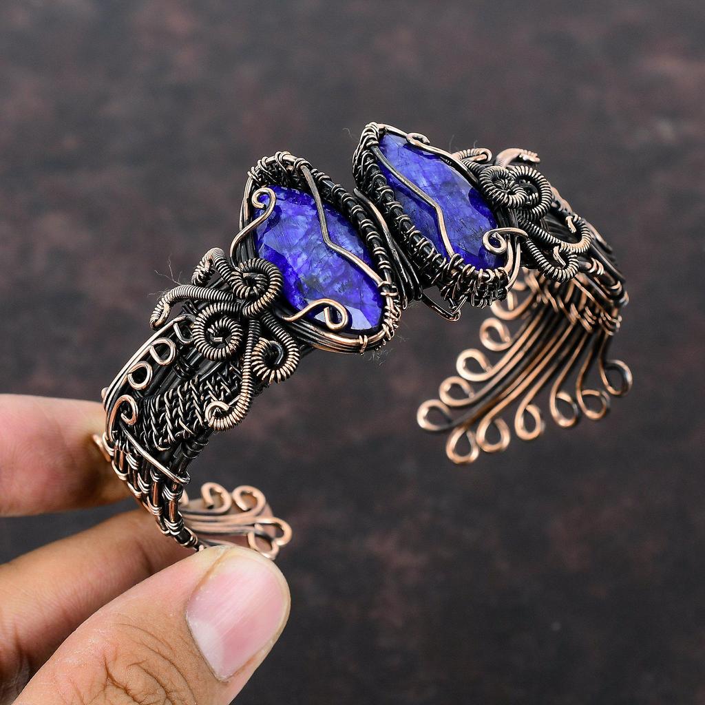 Браслет-манжета с граненым синим сапфиром, браслет из медной проволоки, регулируемый браслет-манжета, браслет ручной работы, драгоценный камень, медное ювелирное изделие, подарок для мамы