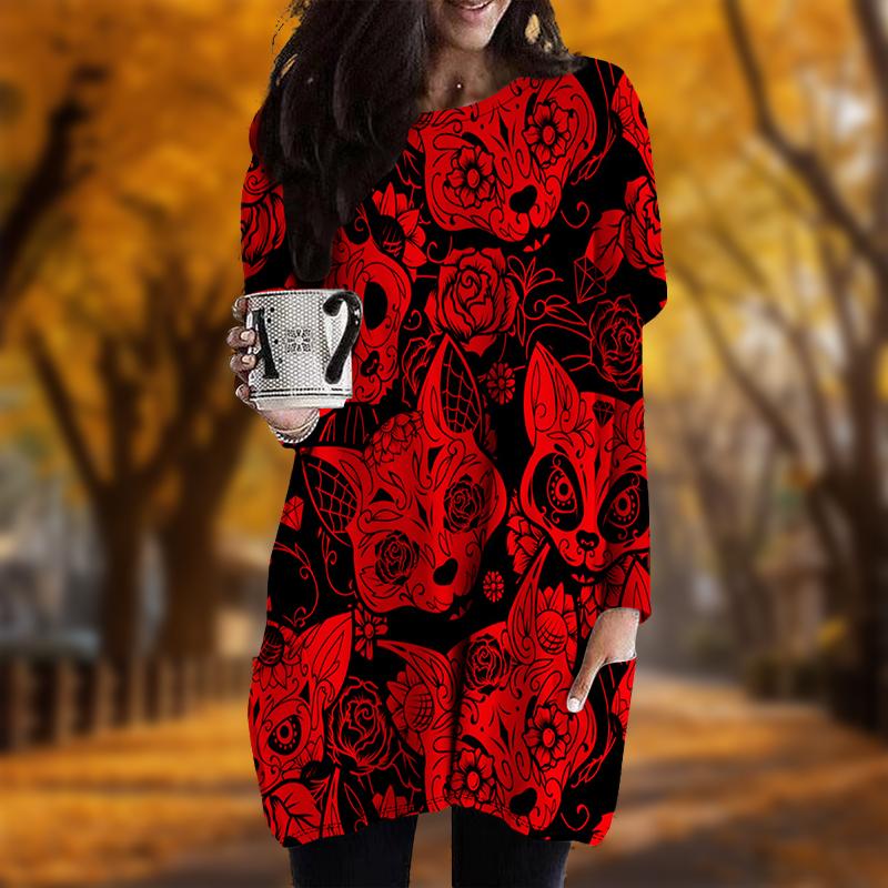 New In Autumn Fox Head Print Plus Size Dress Women O'neck Long Sleeves Casual Pocket Dresses