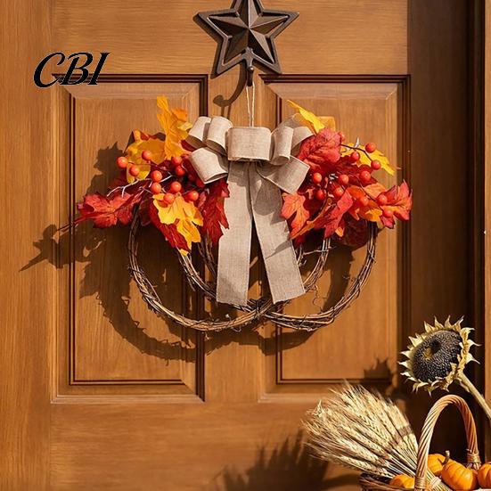Fall Door Wreath Artificial Maple Leaf for Front Door, Thanksgiving Rattan Garland with Berries And Burlap Bow Autumn Harvest Wall Hanging Decor