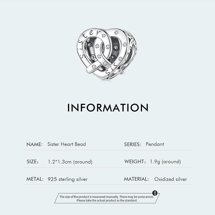 WOSTU 925 Sterling Silver Cubic Zirconia Sister Heart Bead Charms for Women Necklace and Bracelet DIY Jewelry