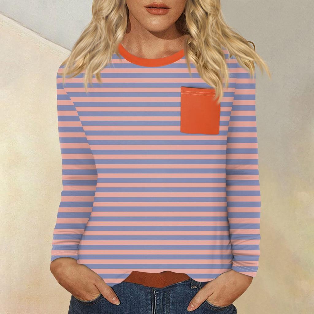 Женский повседневный топ с круглым вырезом и длинными рукавами в полоску с принтом
