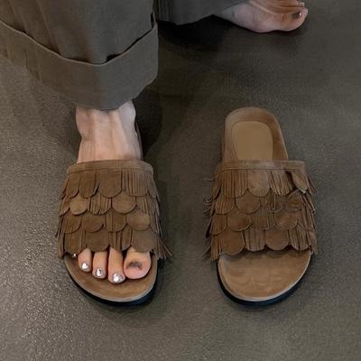 Универсальные ретро пляжные туфли на платформе из мягкой кожи в стиле old money, женские шлепанцы с кисточками на плоской подошве с круглым носком и открытым носком, крутые женские шлепанцы