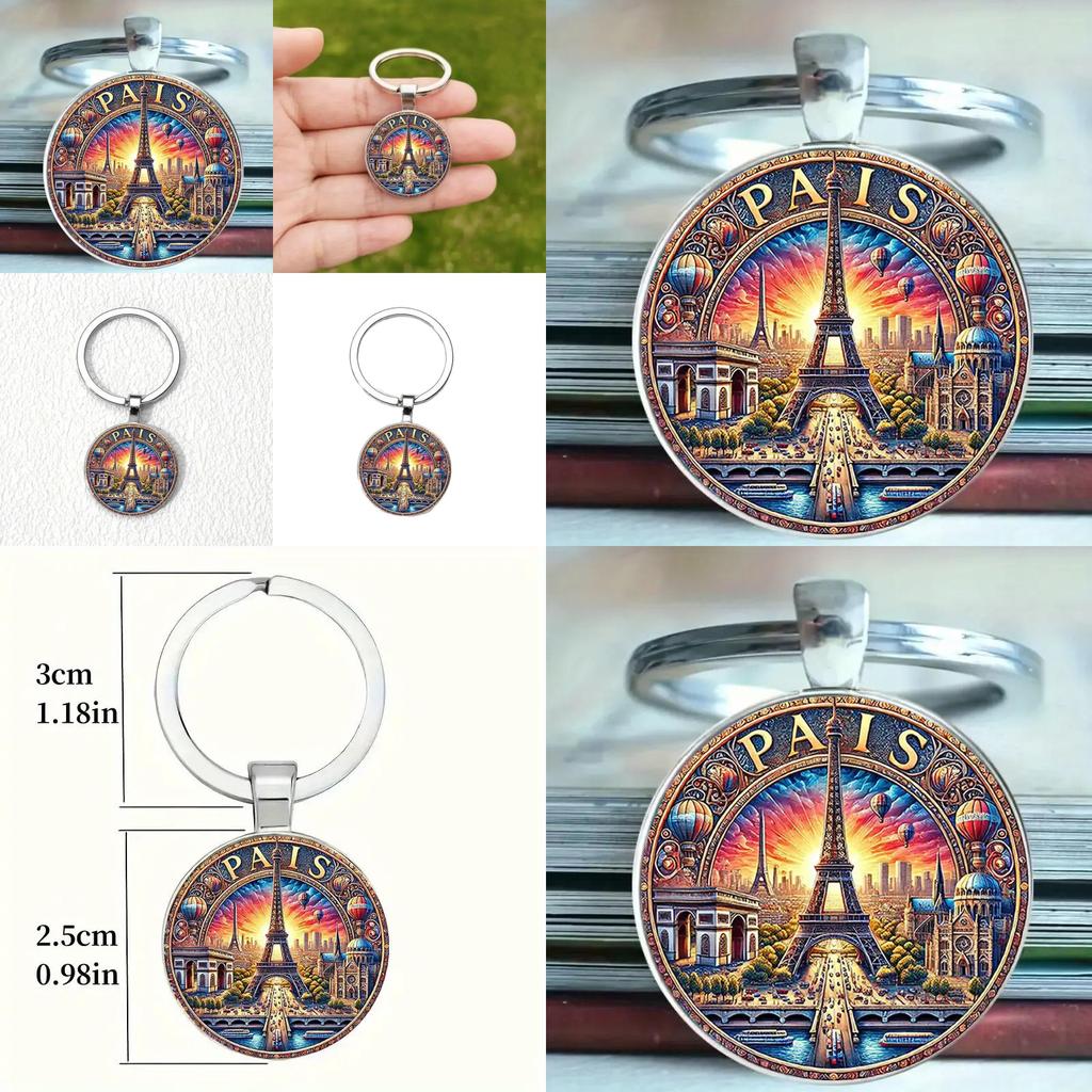 Paris Sunset Scene Keychain With Glass Pendant For Gift And Decoration