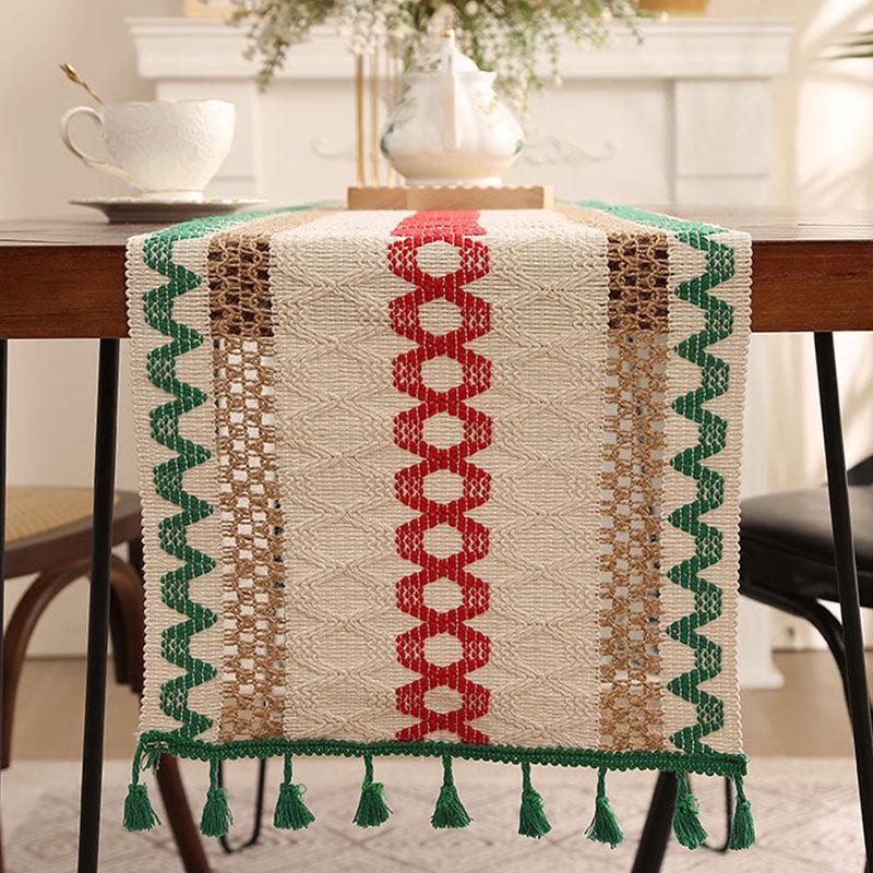 Дорожка для стола с кисточками из хлопка и льна в этническом стиле - легкое роскошное праздничное украшение