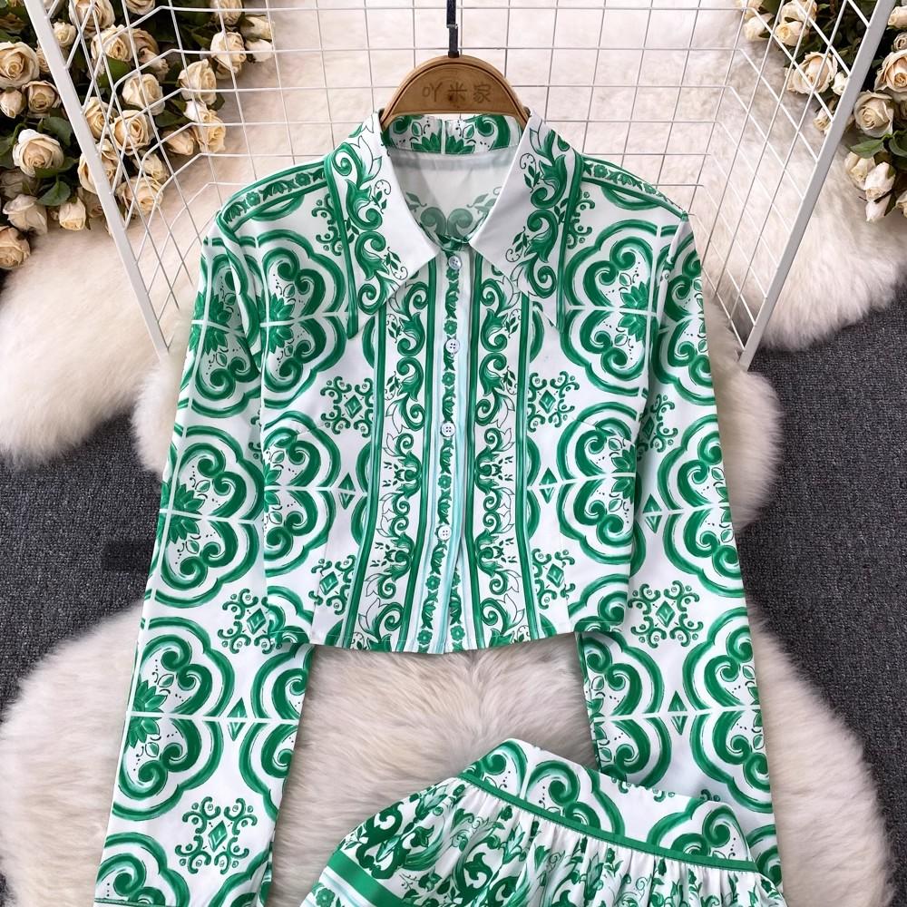 Осенняя мода на подиуме, красный, зеленый, синий и белый фарфоровый цветочный принт, женская рубашка, топ + мини-юбка трапециевидной формы, комплекты из двух предметов