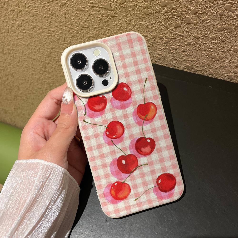 Розовый клетчатый чехол для мобильного телефона с вишнями для iPhone17ProMax Apple 16 полноразмерный противоударный защитный чехол 11