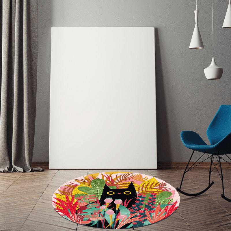 Chic Black Cat & Plant Design Round Rug - Non-Slip, Machine Washable Faux Fleece Carpet for Living Room, Entryway and Home Decor