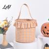 Festive Party Favor Holders Halloween Basket Plaid Ruffle Trick or Treat Candy Bucket with Handle Baskets for Kids Reusable Gingham Fabric