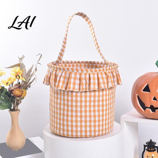 Festive Party Favor Holders Halloween Basket Plaid Ruffle Trick or Treat Candy Bucket with Handle Baskets for Kids Reusable Gingham Fabric