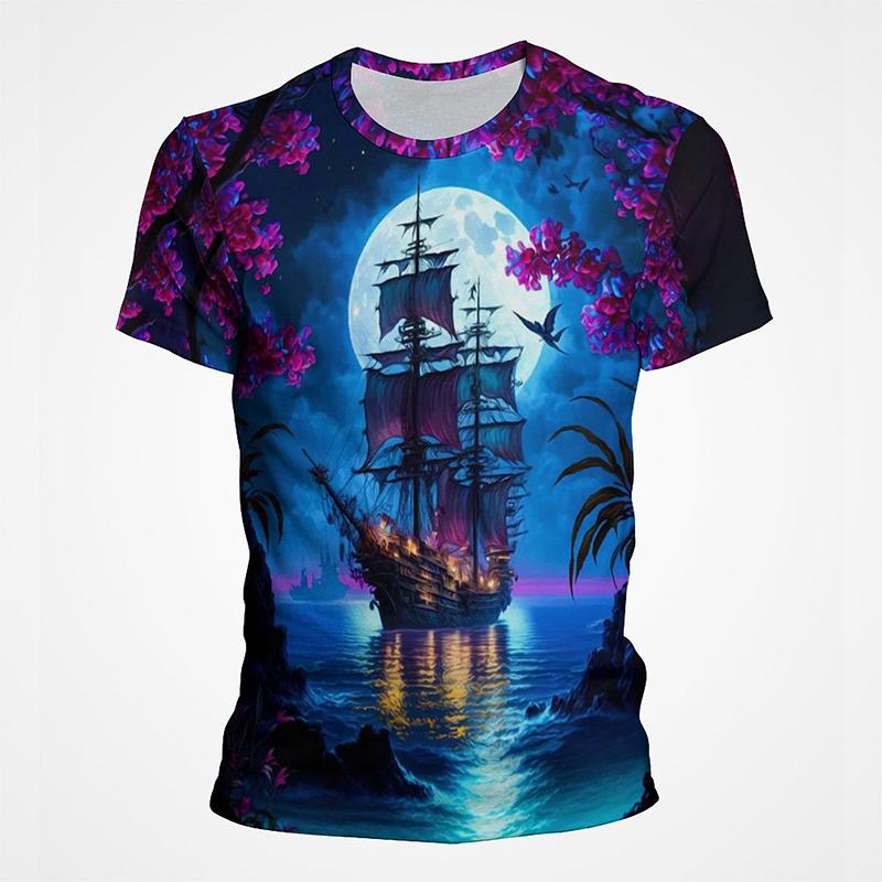 Sail Boat Pirate Ship Graphic T Shirts Men 3d Printing Short Sleeve Tee Tops Casual Mens Oversized Streetwear Tshirt Ropa Hombre