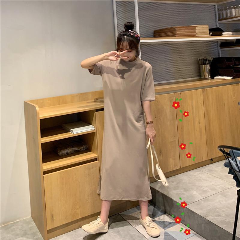 Summer Casual Long Knee Split Short Sleeve Nightgown Women's Plus Size Loose Straight T-Shirt Dress