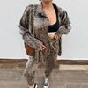 Women's Casual Leopard Print Shirt High Waisted Drawstring Nine Minute Pants Set