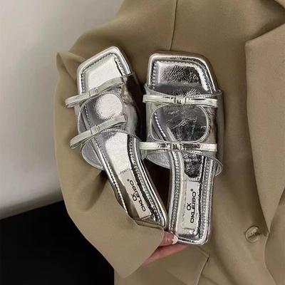 Модные Новые 2024 Лето Женские Шлепанцы на Плоской Подошве Квадратный Носок Сандалии с Двойным Бантом Повседневная Обувь Женские Шлепанцы для Пляжа на Мягкой Подошве Женская Обувь