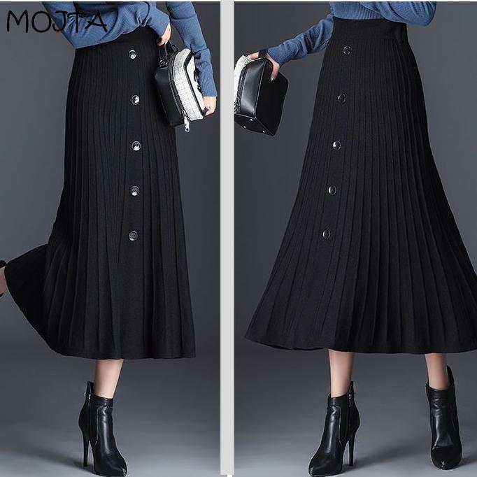 Женская осенне-зимняя вязаная юбка, женская юбка с высокой талией, тонкая плиссированная юбка трапециевидной формы средней длины
