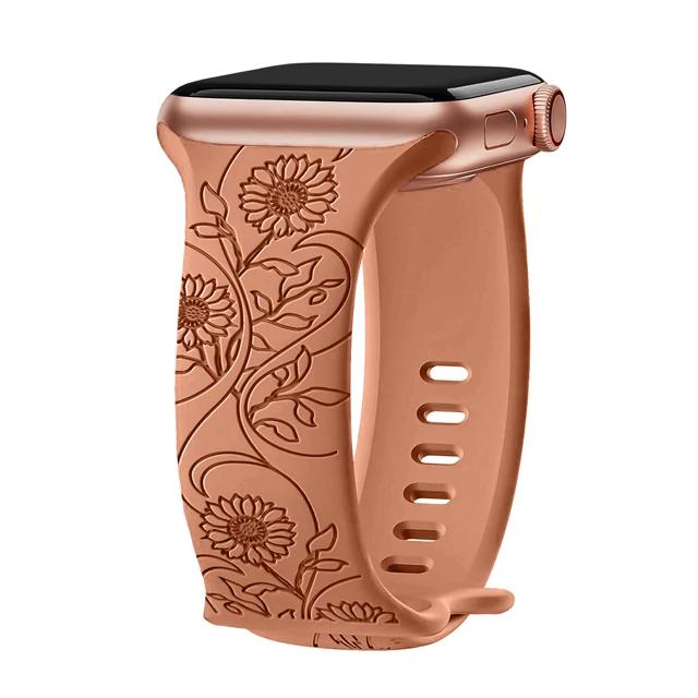 Ремешок с цветочной гравировкой для Apple Watch Band 40 мм, 44 мм, 41 мм, 49 мм, 45 мм, 38 мм, 42 мм, силиконовый браслет iwatch series 9 7 se 6 8 ultra 2