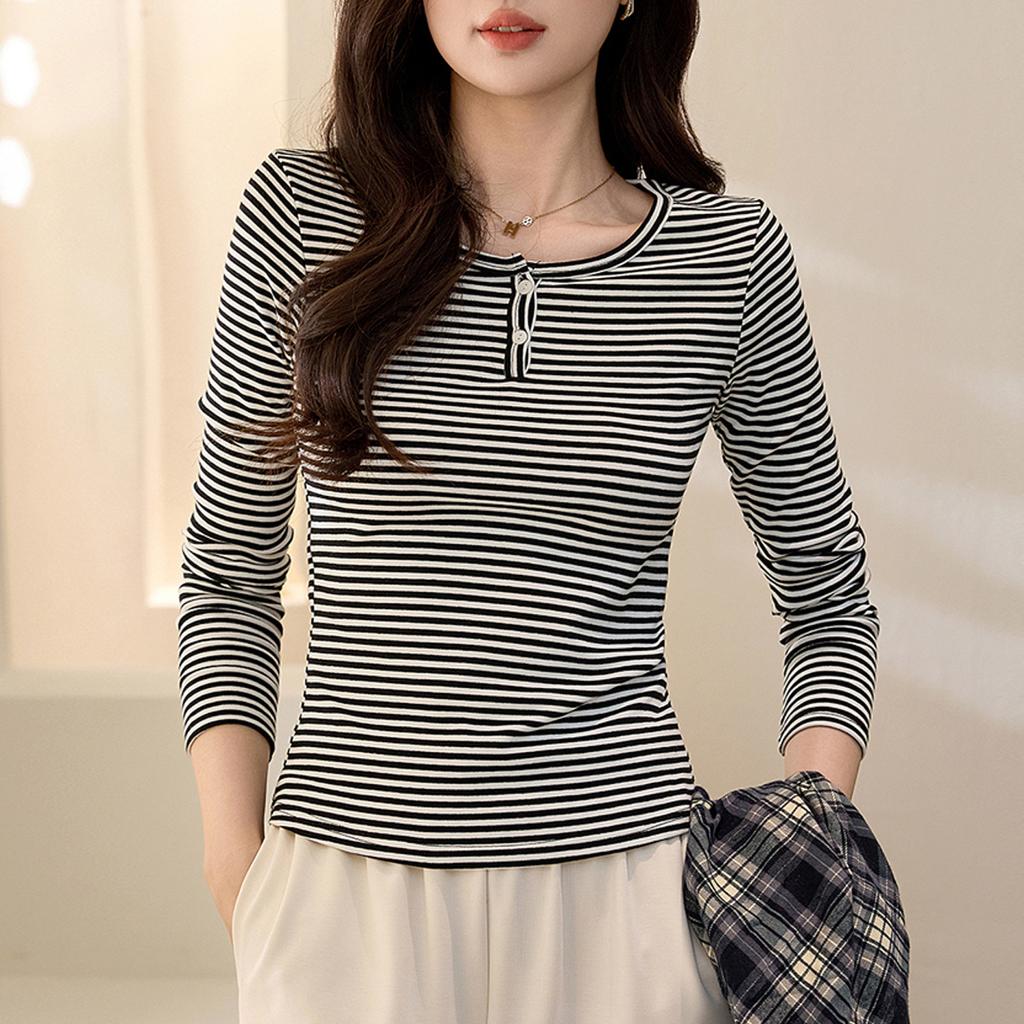 Cotton T-shirt Women Striped Long Sleeve Top Autumn and Winter New High-grade Sense of Foreign Gas Base Shirt
