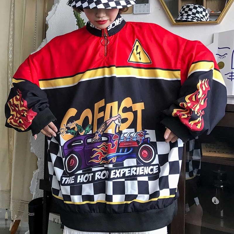 Женская куртка, модные топы, новый свободный свитшот с пламенным принтом в стиле Харадзюку, повседневные толстовки большого размера, модные хип-хоп