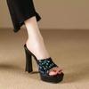 Black Thick Sole Slippers Women 11cm Thin High Heels Bling Sequined Transparent Crystal Platform Sandals 2024 Summer Woman Shoes