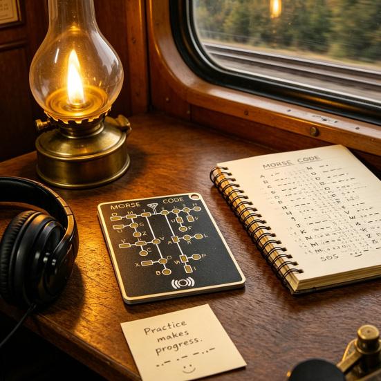 Morse Code Trainer Card, Professional PCB Style Electronic Learning Tool with Interactive LEDs & Signal Buttons, Pocket-Size Portable Telegraph