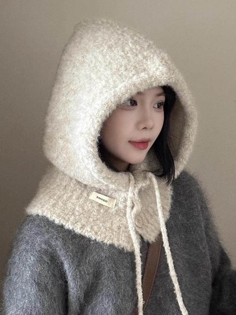 Женская корейская шерстяная балаклава: Ветрозащитная, теплая вязаная шапка с ушами для осени и зимы